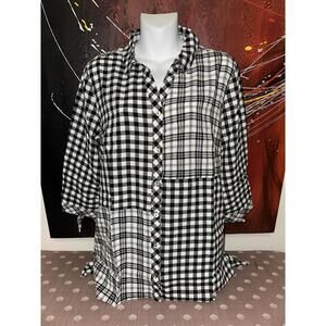 Susan Graver Yarn Dyed Gingham Button Front Shirt Black / White Size S Brand New